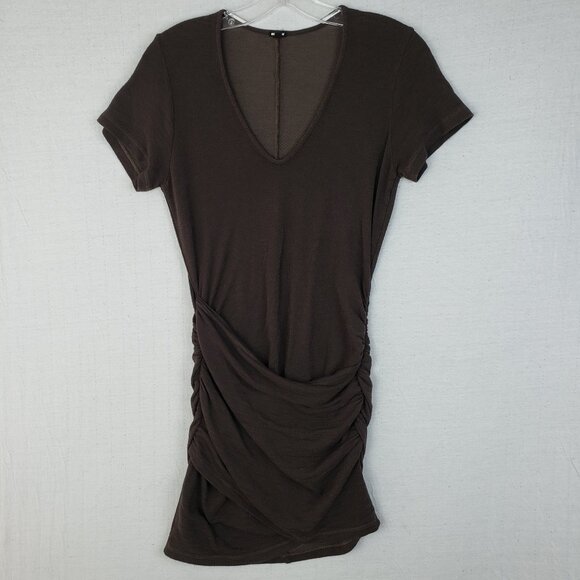 MONROW Supersoft Front Wrap Dress in Cocoa Brown Asymmetrical size M Ruched - Picture 2 of 13